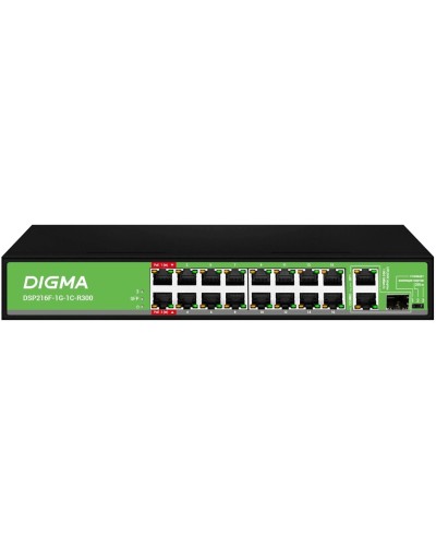 DSP216F-1G-1C-R300 (L2) 16х100Мбит/с 1х1Гбит/с 1хКомбо(1000BASE-T/SFP) 16PoE 16PoE+ 2PoE++ 300W. Коммутатор с питанием по PoE. Digma в Тюмени
