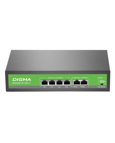DSP204F-2F-T80 DSP204F-2F-T80 V1 (L2) 6х100Мбит/с 4PoE 4PoE+ 80W. Коммутатор с питанием по PoE. Digma в Тюмени