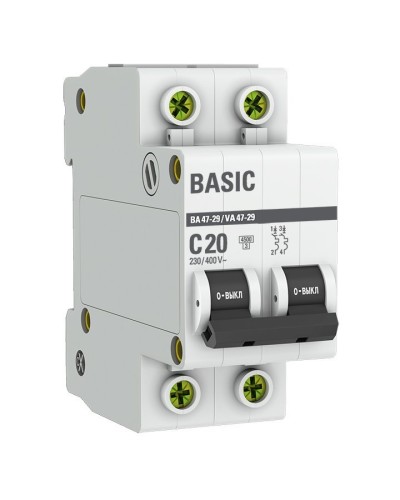 Автоматический выключатель 2P 20А (C) 4,5кА ВА 47-29 Basic (mcb4729-2-20C). Автоматический выключатель. EKF в Тюмени