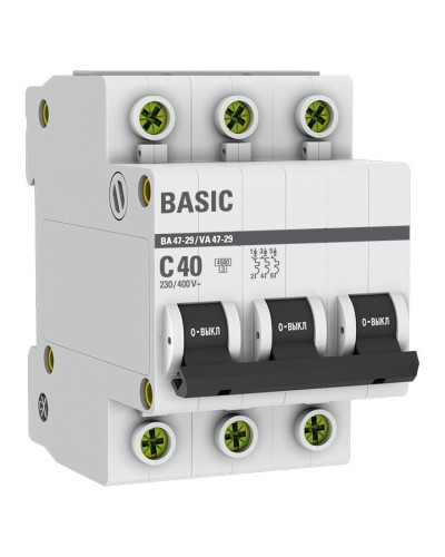 Автоматический выключатель 3P 40А (C) 4,5кА ВА 47-29 Basic (mcb4729-3-40C). Автоматический выключатель. EKF в Тюмени