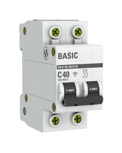 Автоматический выключатель 2P 40А (C) 4,5кА ВА 47-29 Basic (mcb4729-2-40C). Автоматический выключатель. EKF в Тюмени
