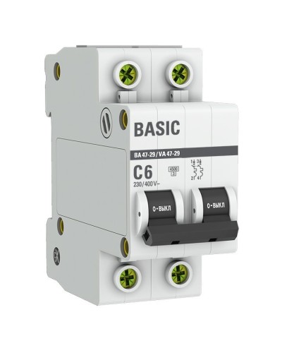 Автоматический выключатель 2P 6А (C) 4,5кА ВА 47-29 Basic (mcb4729-2-06C). Автоматический выключатель. EKF в Тюмени