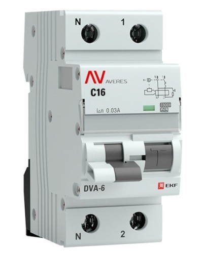 DVA-6 1P+N 16А (C) 30мА (AC) 6кА  AVERES (rcbo6-1pn-16C-30-ac-av). Автоматический выключатель дифференциального тока. EKF в Тюмени