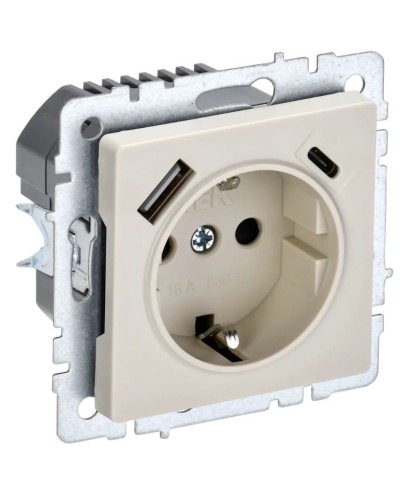 Розетка с з/к с USB A+C 18Вт РЮш11-1-БрКр бежевый BRITE (BR-R14-16-U22-018-K10). Розетка с заземлением с защитными шторками, 18Вт. IEK в Тюмени