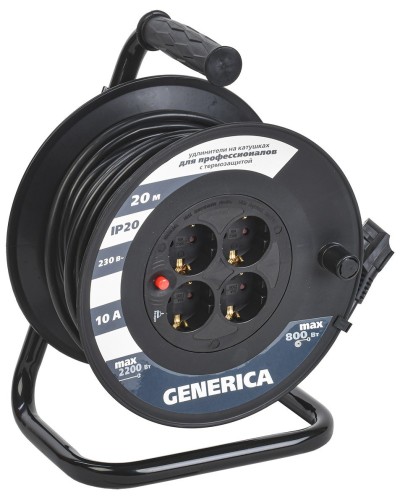 УК20 4 места 2P+PE, 20м GENERICA (WKP10-10-04-20-G). Удлинитель на катушке с термозащитой, 3х1,0кв.мм. IEK в Тюмени