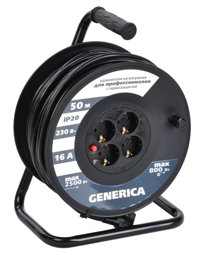 УК50 4 места 2P+PE, 50м GENERICA (WKP20-16-04-50-G). Удлинитель на катушке с термозащитой, 3х1,5кв.мм. IEK в Тюмени